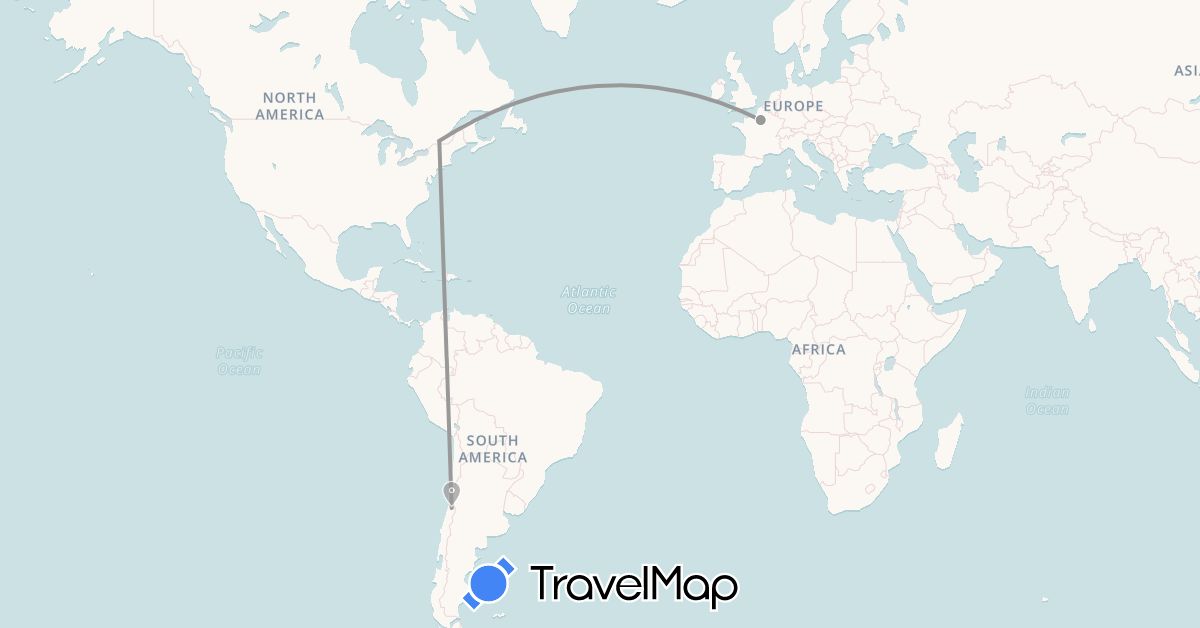 TravelMap itinerary: plane in Canada, Chile, France (Europe, North America, South America)